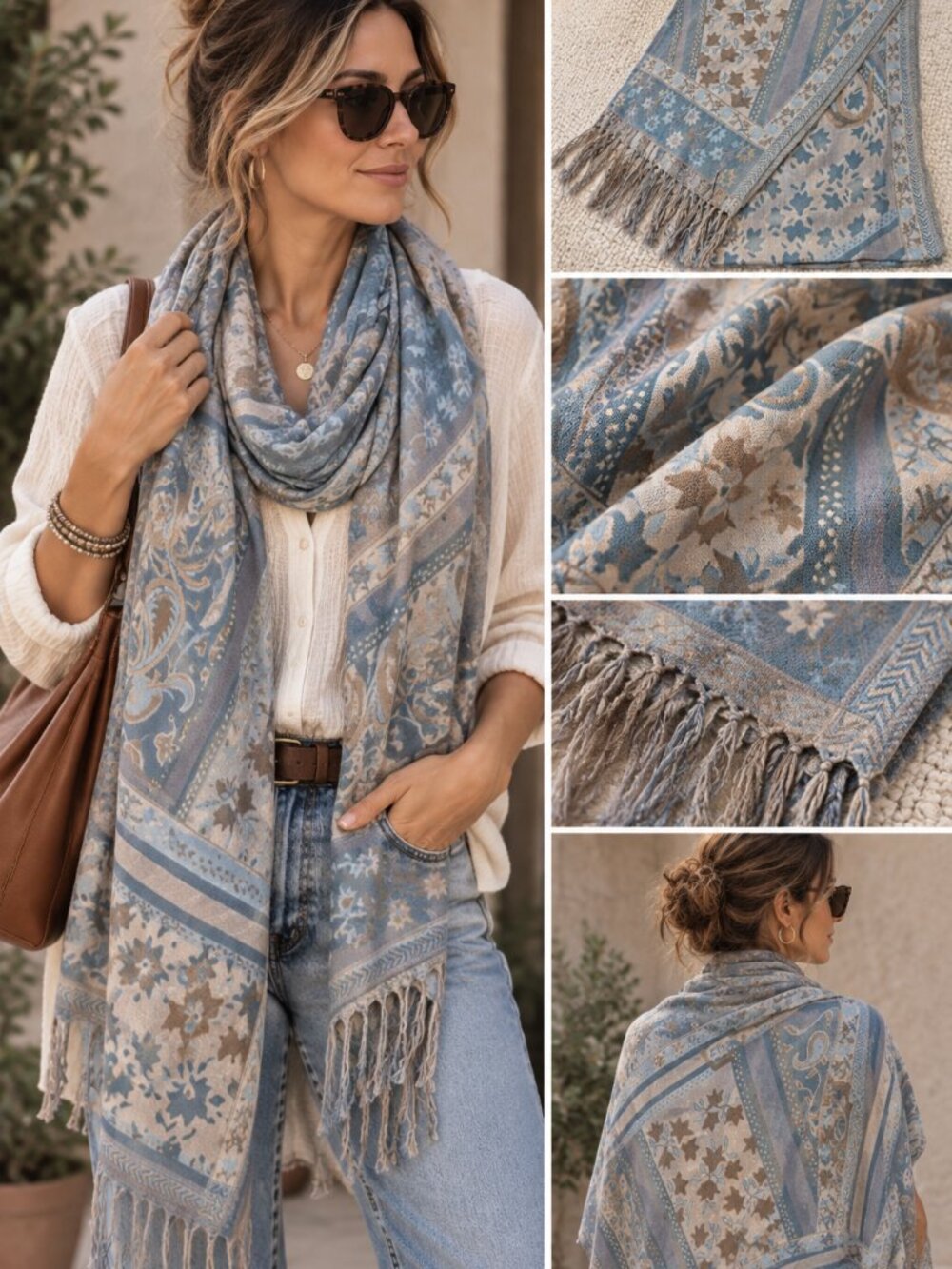 Boho Blue Taupe Paisley Floral Fringed Scarf Wrap Shawl